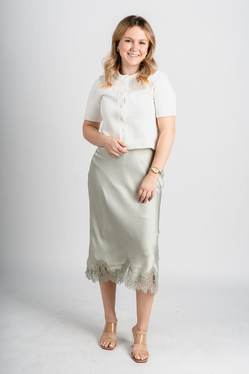 Satin midi skirt light sage | Lush Fashion Lounge: boutique fashion skirts, affordable boutique skirts, cute affordable skirts