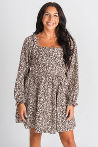 Square neck floral dress brown/cream - Affordable dress - Boutique Dresses at Lush Fashion Lounge Boutique in Oklahoma City