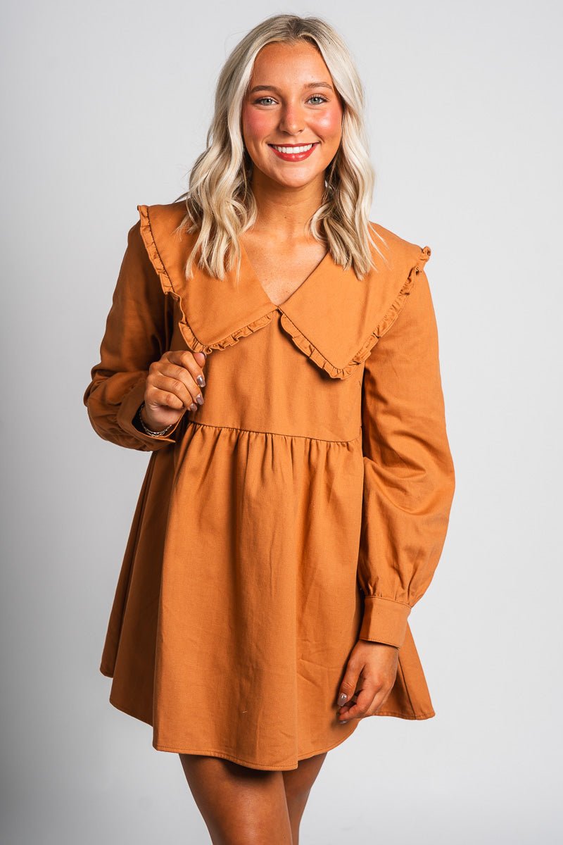 Puff sleeve dress copper - Affordable dress - Boutique Dresses at Lush Fashion Lounge Boutique in Oklahoma City