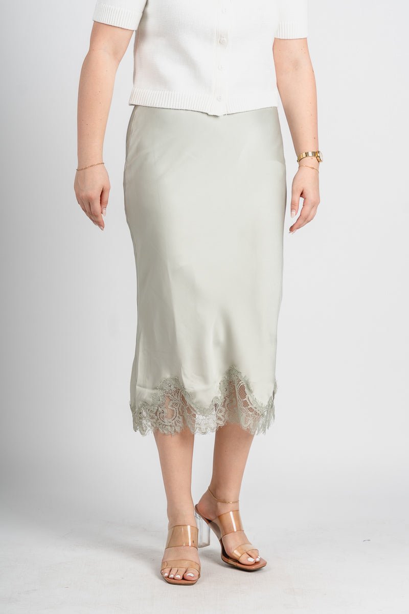 Satin midi skirt light sage | Lush Fashion Lounge: boutique fashion skirts, affordable boutique skirts, cute affordable skirts