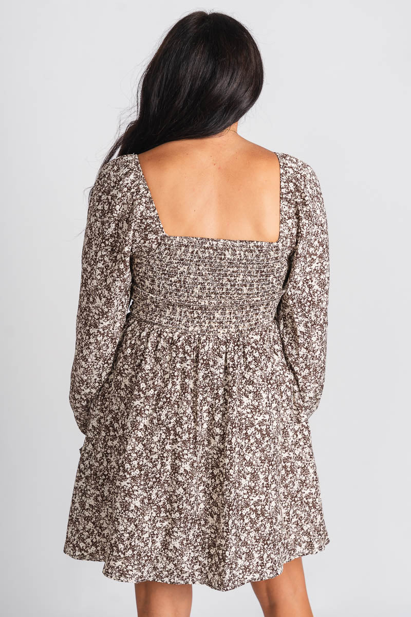 Square neck floral dress brown/cream