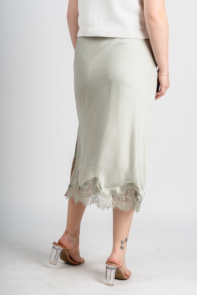 Satin midi skirt light sage | Lush Fashion Lounge: boutique fashion skirts, affordable boutique skirts, cute affordable skirts