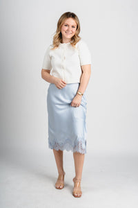Satin midi skirt powder blue | Lush Fashion Lounge: boutique fashion skirts, affordable boutique skirts, cute affordable skirts