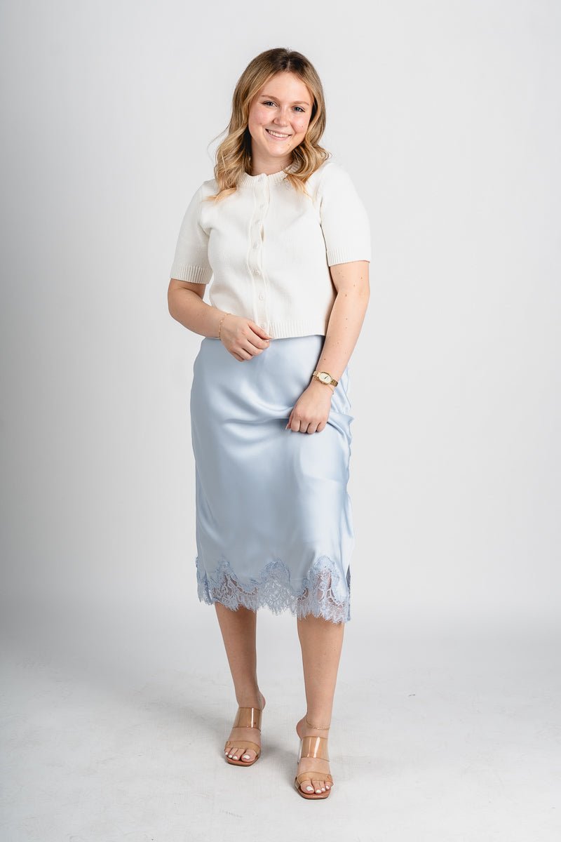 Satin midi skirt powder blue | Lush Fashion Lounge: boutique fashion skirts, affordable boutique skirts, cute affordable skirts