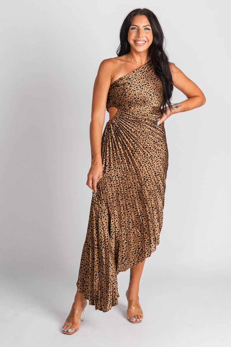 Pleated one shoulder maxi dress brown/black - Trendy dress - Fashion Dresses at Lush Fashion Lounge Boutique in Oklahoma City