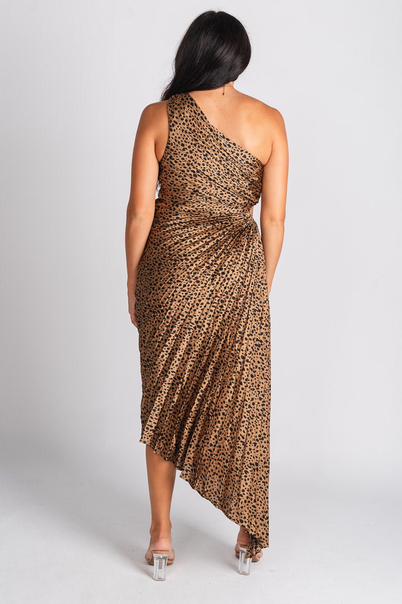 Pleated one shoulder maxi dress brown/black Stylish dress - Womens Fashion Dresses at Lush Fashion Lounge Boutique in Oklahoma City