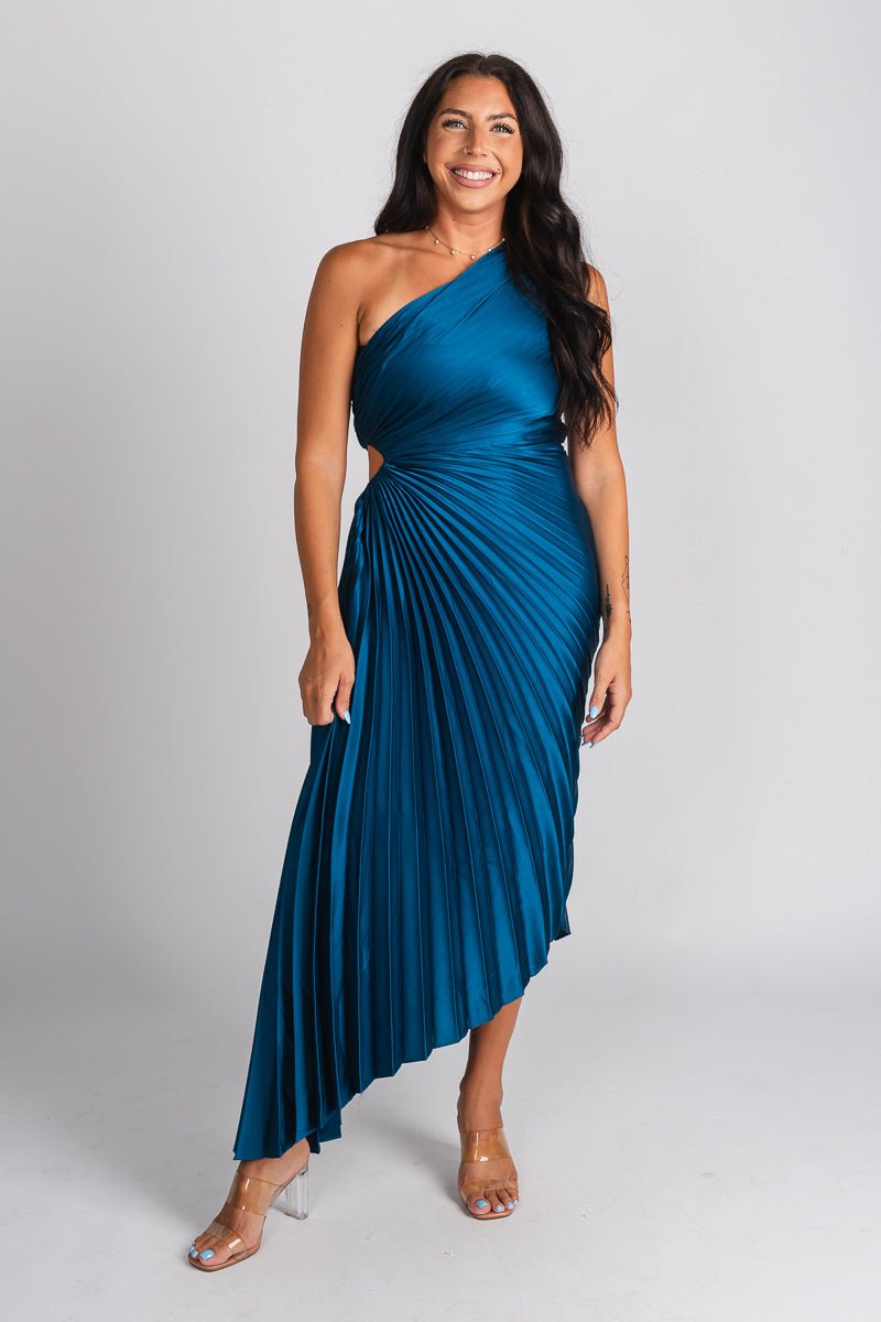 Pleated one shoulder maxi dress blue sapphire - Trendy dress - Fashion Dresses at Lush Fashion Lounge Boutique in Oklahoma City