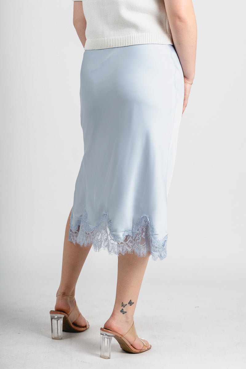 Satin midi skirt powder blue | Lush Fashion Lounge: boutique fashion skirts, affordable boutique skirts, cute affordable skirts