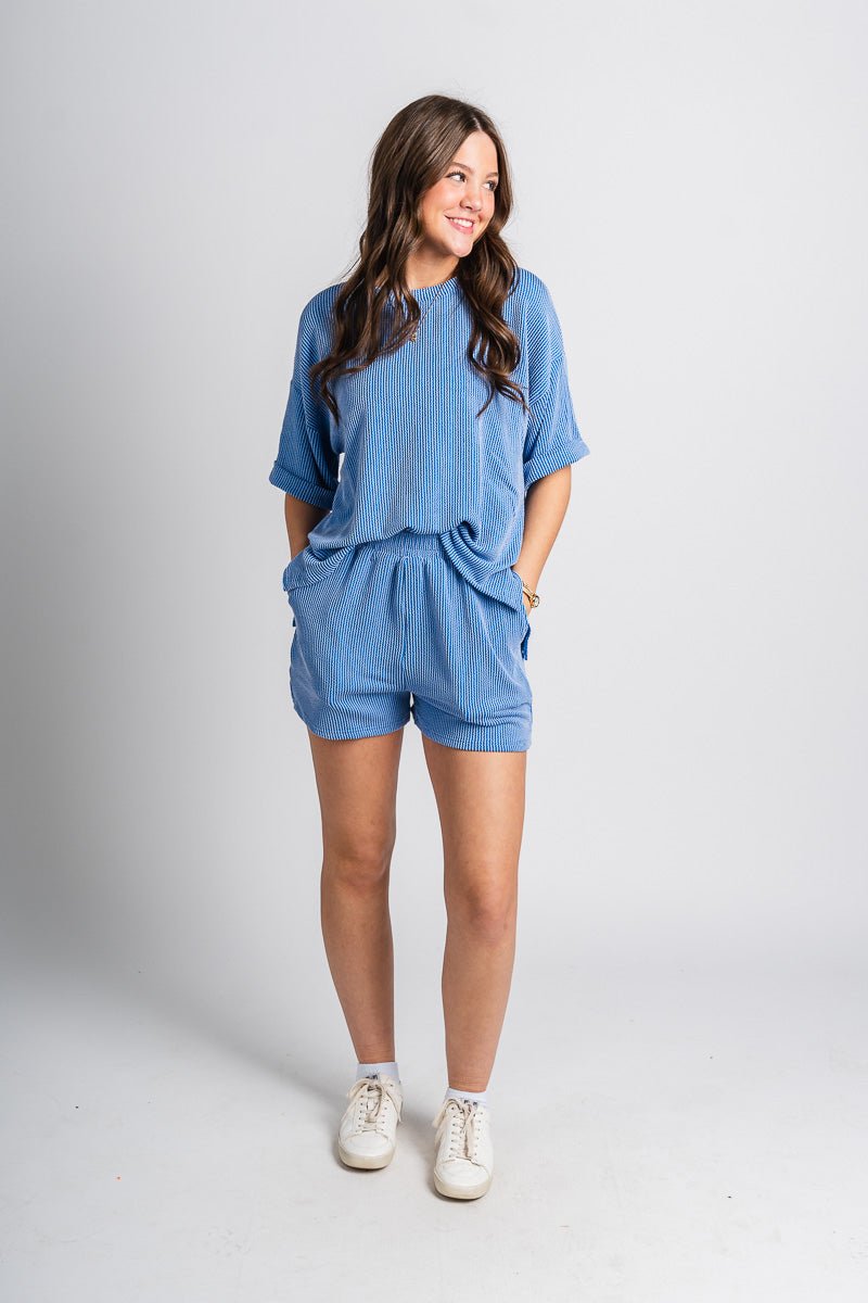 Ribbed short sleeve top blue - Stylish top - Trendy Lounge Sets at Lush Fashion Lounge Boutique in Oklahoma City