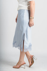 Satin midi skirt powder blue | Lush Fashion Lounge: boutique fashion skirts, affordable boutique skirts, cute affordable skirts