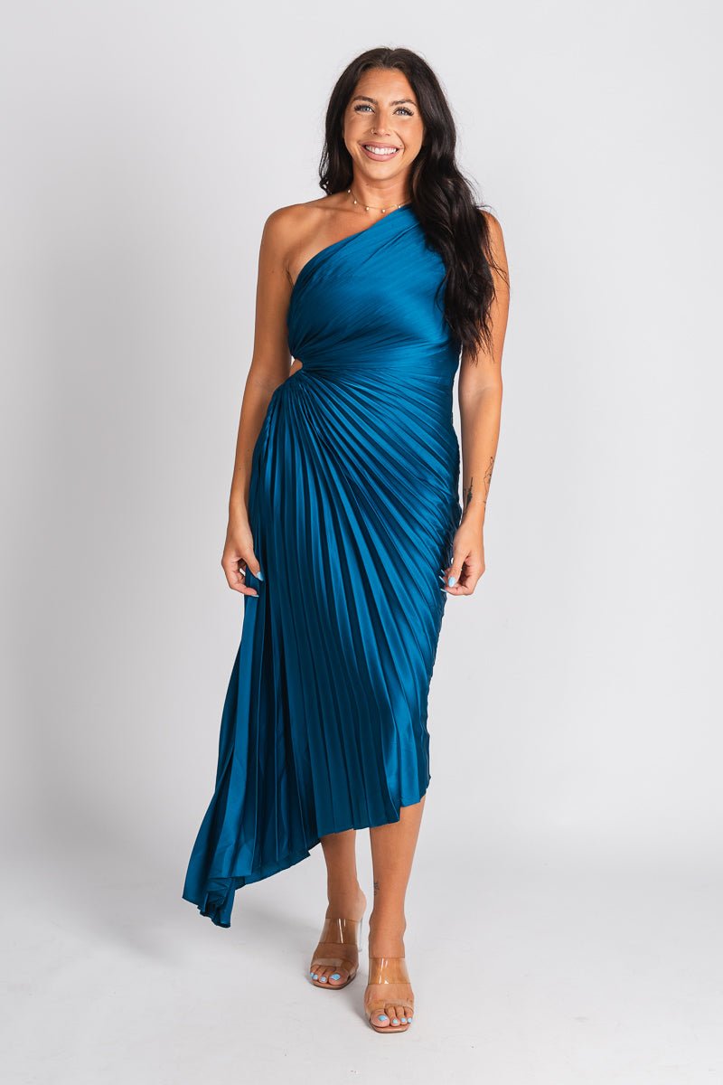 Pleated one shoulder maxi dress blue sapphire Stylish dress - Womens Fashion Dresses at Lush Fashion Lounge Boutique in Oklahoma City