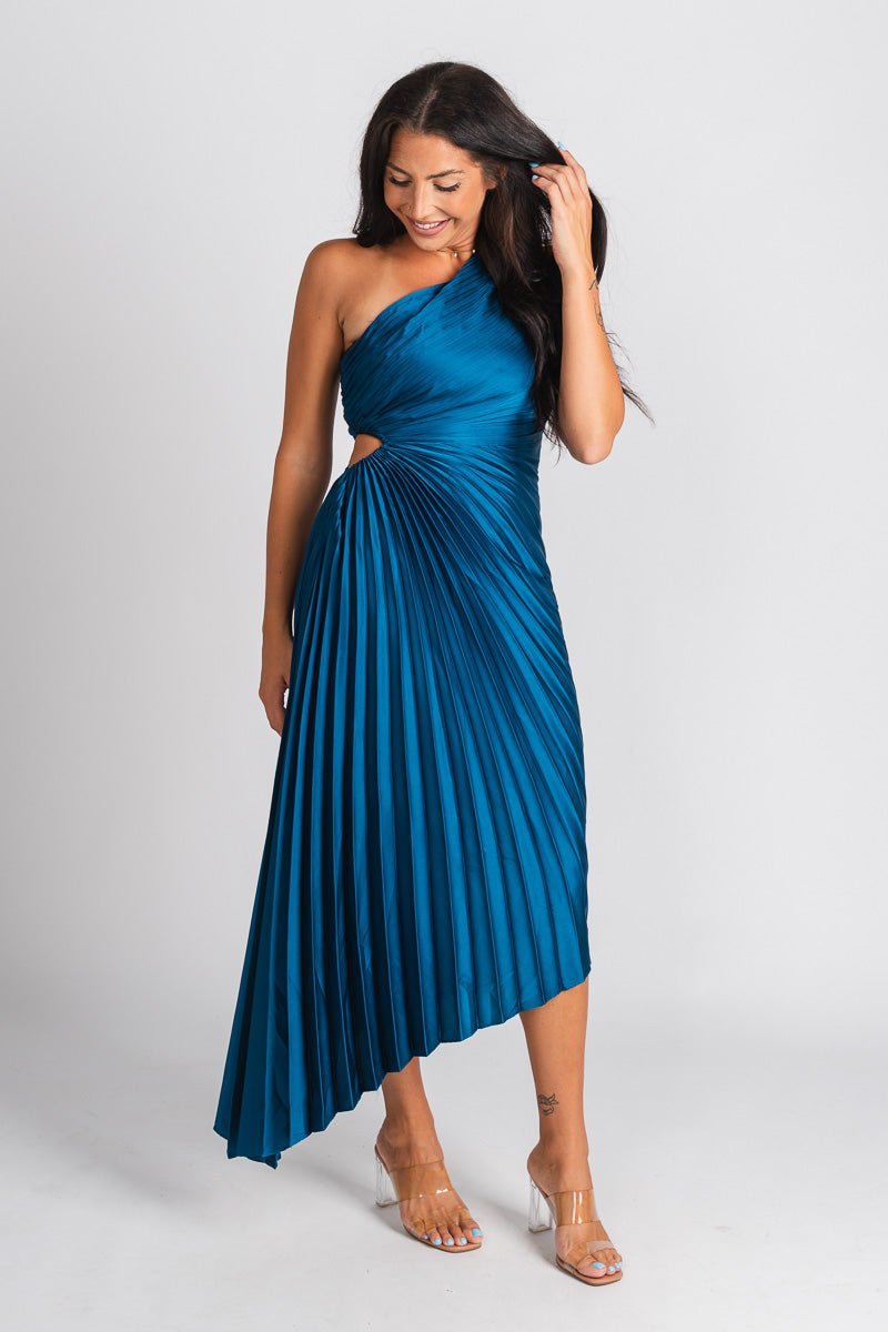 Pleated one shoulder maxi dress blue sapphire - Cute dress - Trendy Dresses at Lush Fashion Lounge Boutique in Oklahoma City