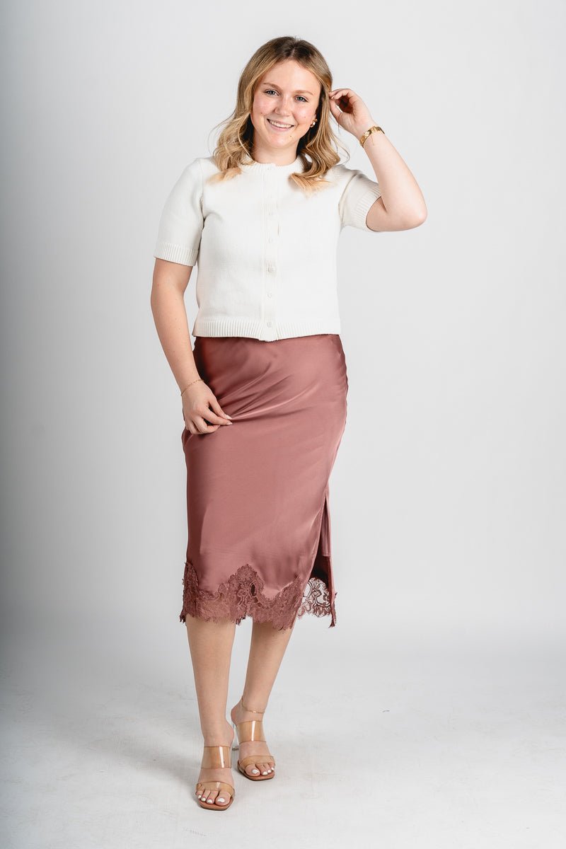 Satin midi skirt rose dawn | Lush Fashion Lounge: boutique fashion skirts, affordable boutique skirts, cute affordable skirts