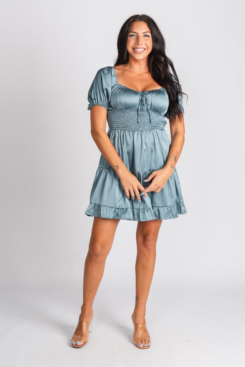 Puff sleeve tiered mini dress dusty green Stylish dress - Womens Fashion Dresses at Lush Fashion Lounge Boutique in Oklahoma City