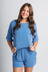 Ribbed short sleeve top blue - Trendy top - Cute Loungewear Collection at Lush Fashion Lounge Boutique in Oklahoma City