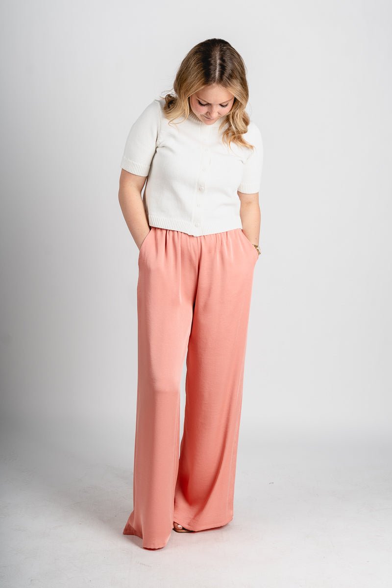 Satin wide leg pants peach - Cute pants - Trendy Easter Clothing Line at Lush Fashion Lounge Boutique in Oklahoma
