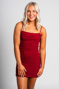 Ruched mini dress burgundy - Affordable dress - Boutique Dresses at Lush Fashion Lounge Boutique in Oklahoma City