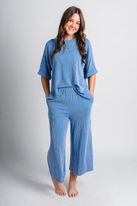 Ribbed wide leg pants blue - Stylish pants - Trendy Lounge Sets at Lush Fashion Lounge Boutique in Oklahoma City