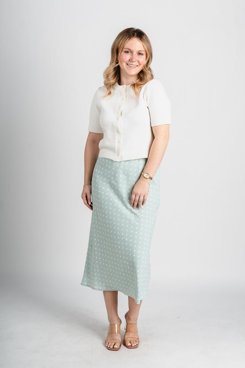 Polka dot maxi skirt mint/white | Lush Fashion Lounge: boutique fashion skirts, affordable boutique skirts, cute affordable skirts