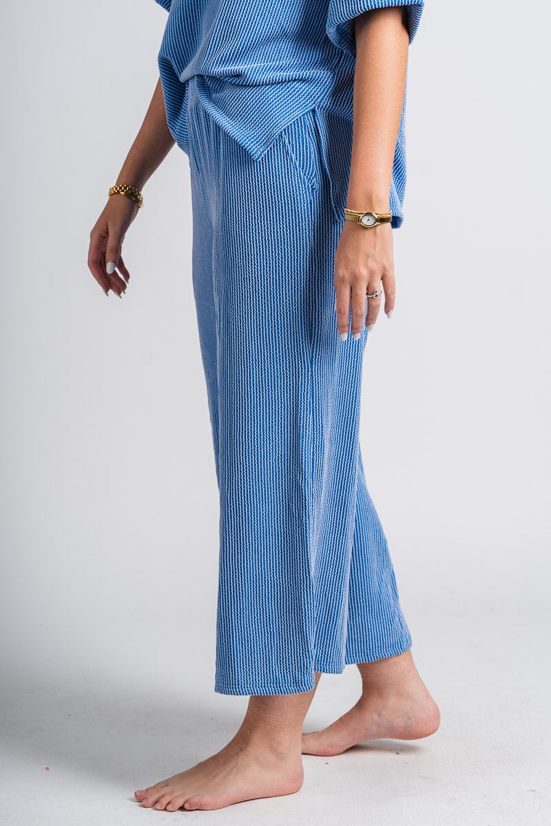 Ribbed wide leg pants blue - Cute pants - Fun Cozy Basics at Lush Fashion Lounge Boutique in Oklahoma City