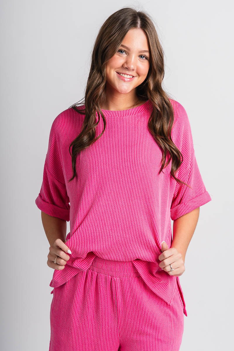 Ribbed short sleeve top hot pink - Cute top - Fun Cozy Basics at Lush Fashion Lounge Boutique in Oklahoma City