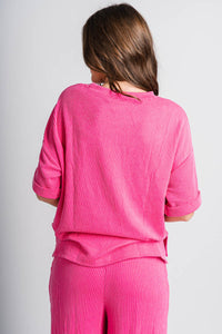 Ribbed short sleeve top hot pink - Adorable top - Stylish Comfortable Outfits at Lush Fashion Lounge Boutique in OKC