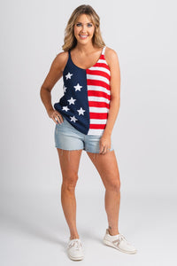 USA flag knit tank top red/navy - Stylish Tank Top - Trendy American Summer Fashion at Lush Fashion Lounge Boutique in Oklahoma