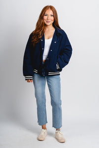 Corduroy bomber jacket navy - Oklahoma City inspired graphic t-shirts at Lush Fashion Lounge Boutique in Oklahoma City