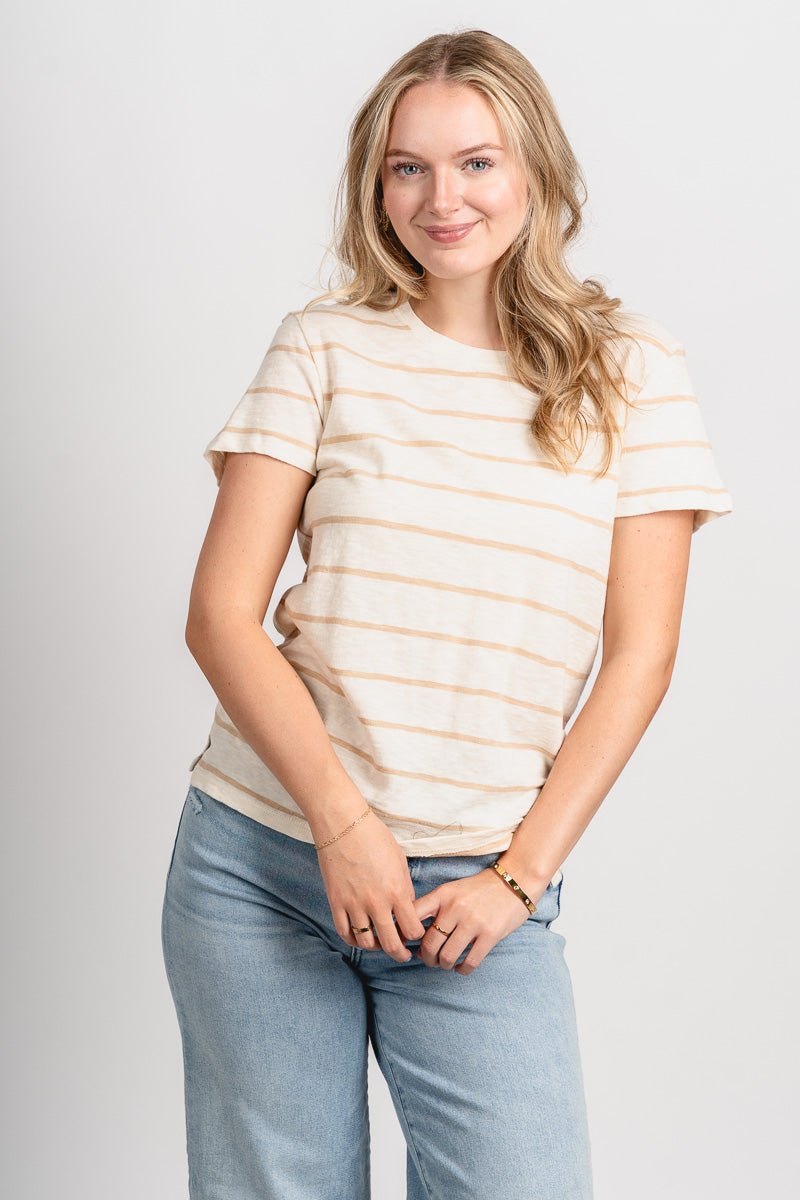 Z Supply foundation stripe tee biscuit - Z Supply T-shirt - Z Supply Tops, Dresses, Tanks, Tees, Cardigans, Joggers and Loungewear at Lush Fashion Lounge