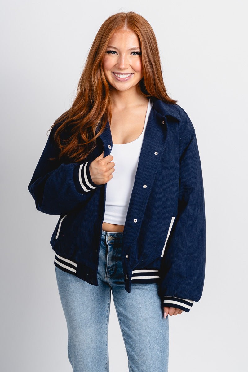 Corduroy bomber jacket navy - Trendy OKC Apparel at Lush Fashion Lounge Boutique in Oklahoma City