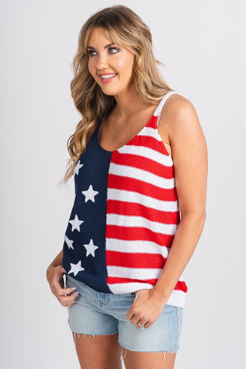 USA flag knit tank top red/navy - Cute Tank Top - Fun American Summer Outfits at Lush Fashion Lounge Boutique in Oklahoma City