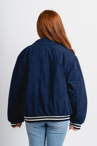 Corduroy bomber jacket navy - Vintage OKC Basketball T-Shirts at Lush Fashion Lounge Boutique in Oklahoma City