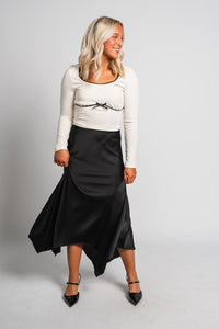 Asymmetrical midi skirt black | Lush Fashion Lounge: boutique fashion skirts, affordable boutique skirts, cute affordable skirts