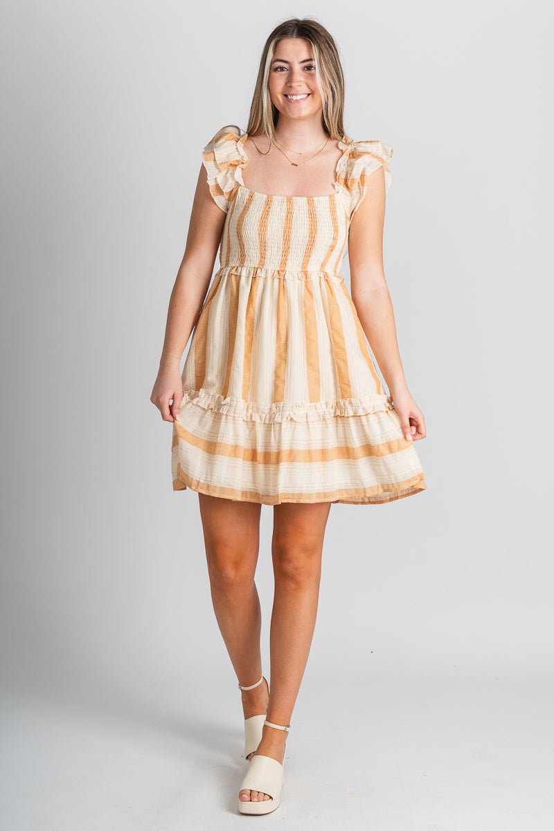 Striped baby doll dress sand - Trendy Dress - Fashion Dresses at Lush Fashion Lounge Boutique in Oklahoma City