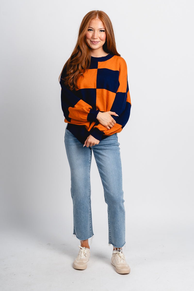 Checkered oversized sweater navy/orange - Oklahoma City inspired graphic t-shirts at Lush Fashion Lounge Boutique in Oklahoma City