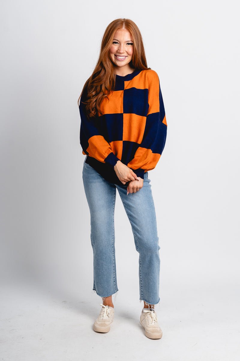 Checkered oversized sweater navy/orange - Trendy OKC Thunder T-Shirts at Lush Fashion Lounge Boutique in Oklahoma City