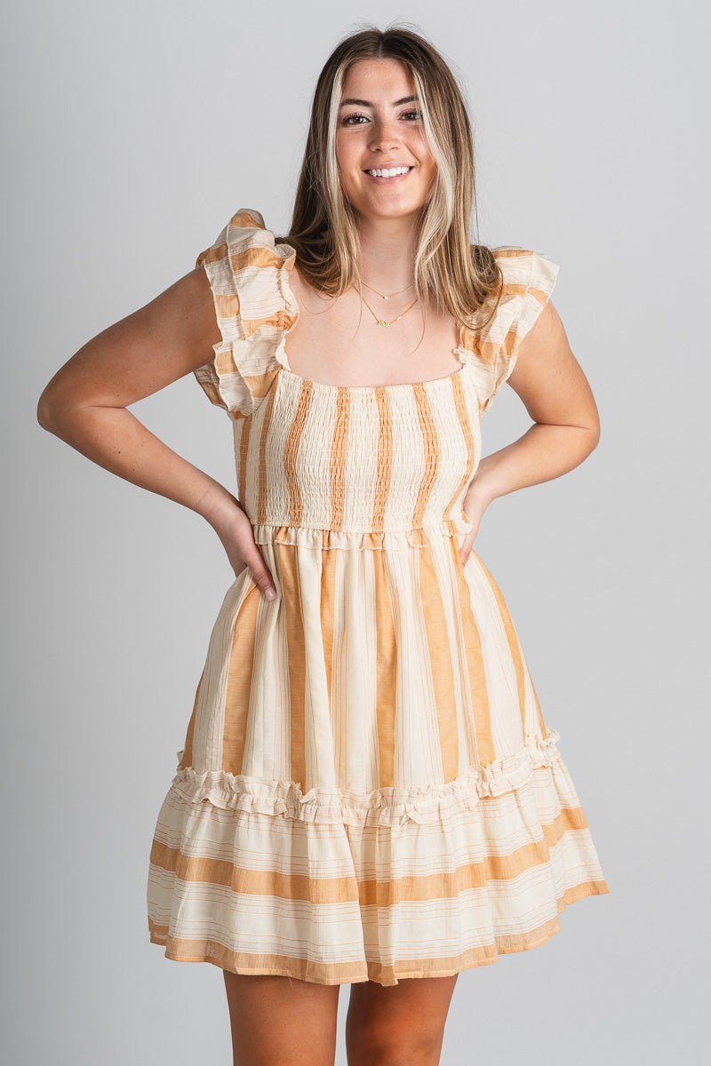 Striped baby doll dress sand - Affordable Dress - Boutique Dresses at Lush Fashion Lounge Boutique in Oklahoma City