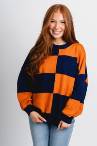 Checkered oversized sweater navy/orange - Trendy Oklahoma City Basketball T-Shirts Lush Fashion Lounge Boutique in Oklahoma City