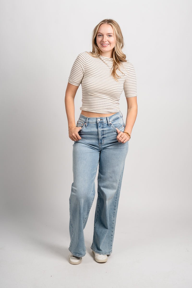 Mock neck short sleeve striped top cream/black