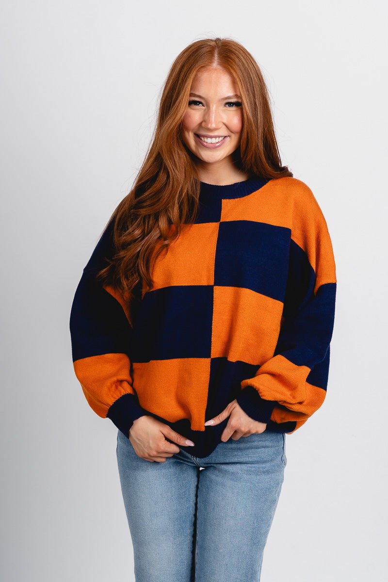 Checkered oversized sweater navy/orange - Trendy OKC Apparel at Lush Fashion Lounge Boutique in Oklahoma City