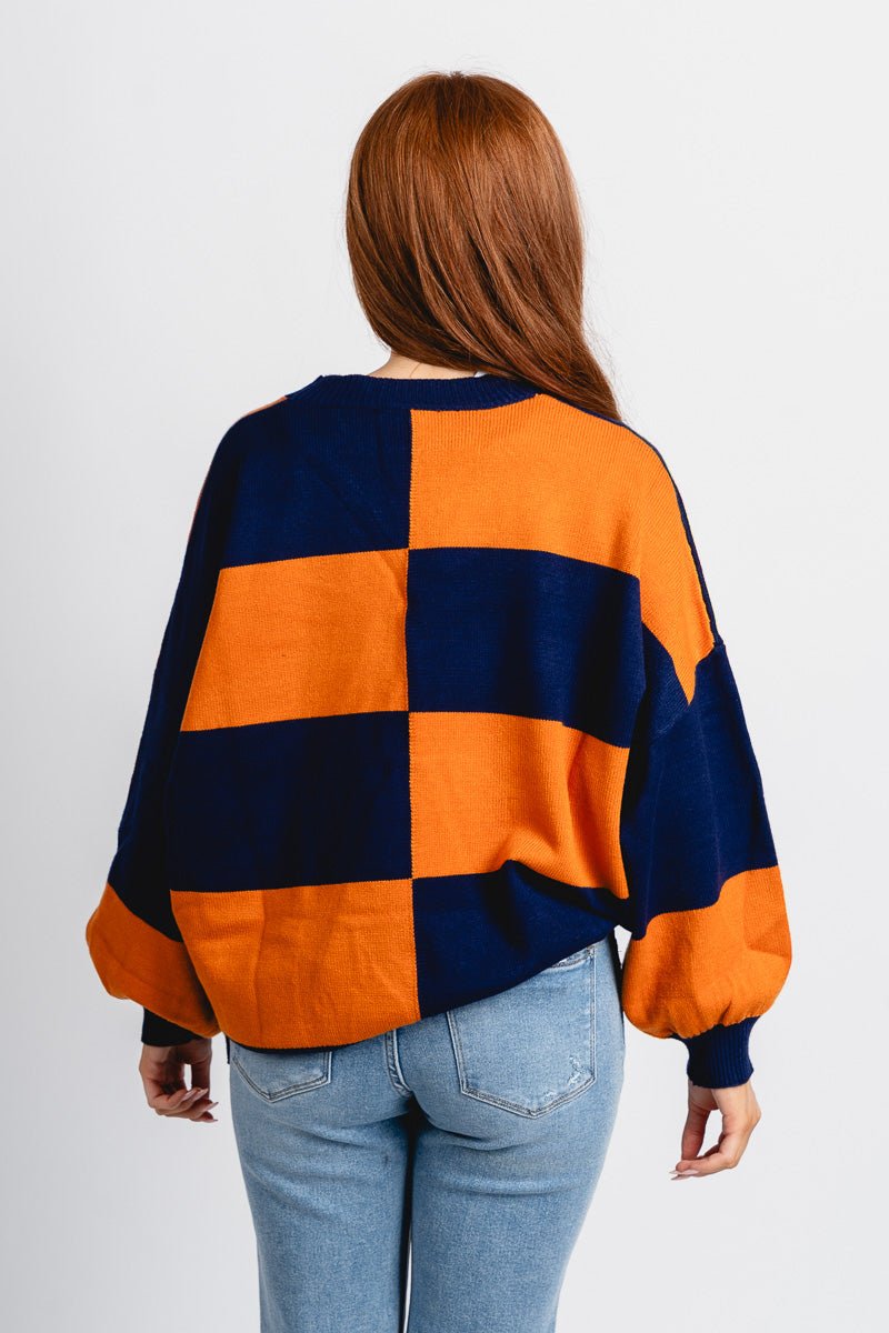 Checkered oversized sweater navy/orange - Vintage OKC Basketball T-Shirts at Lush Fashion Lounge Boutique in Oklahoma City