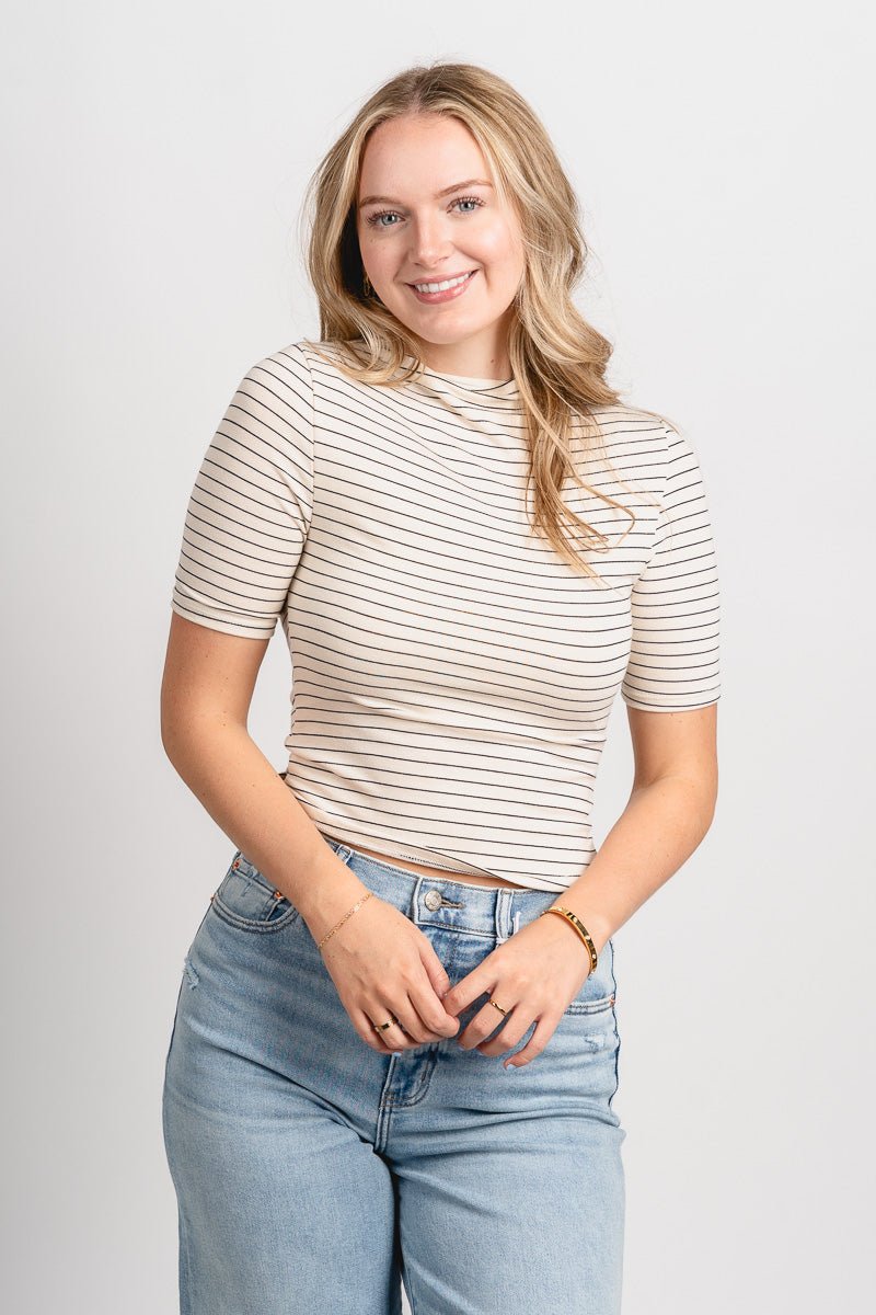 Mock neck short sleeve striped top cream/black