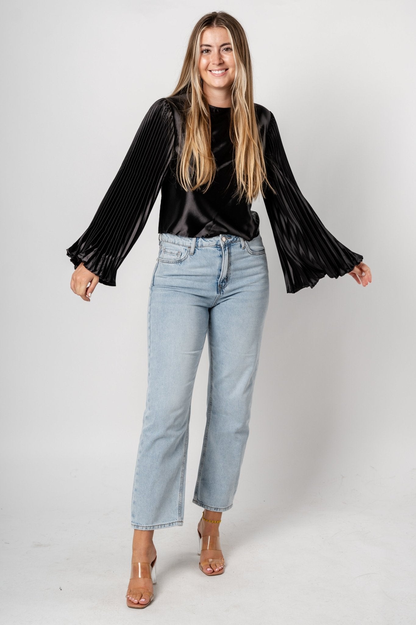 Pleated satin long sleeve top black