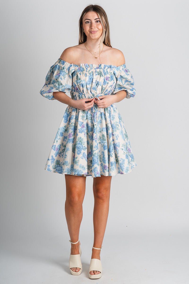 Floral ruffle dress blue floral - Trendy Dress - Fashion Dresses at Lush Fashion Lounge Boutique in Oklahoma City