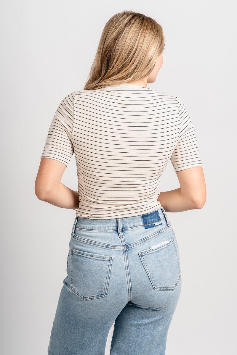 Mock neck short sleeve striped top cream/black