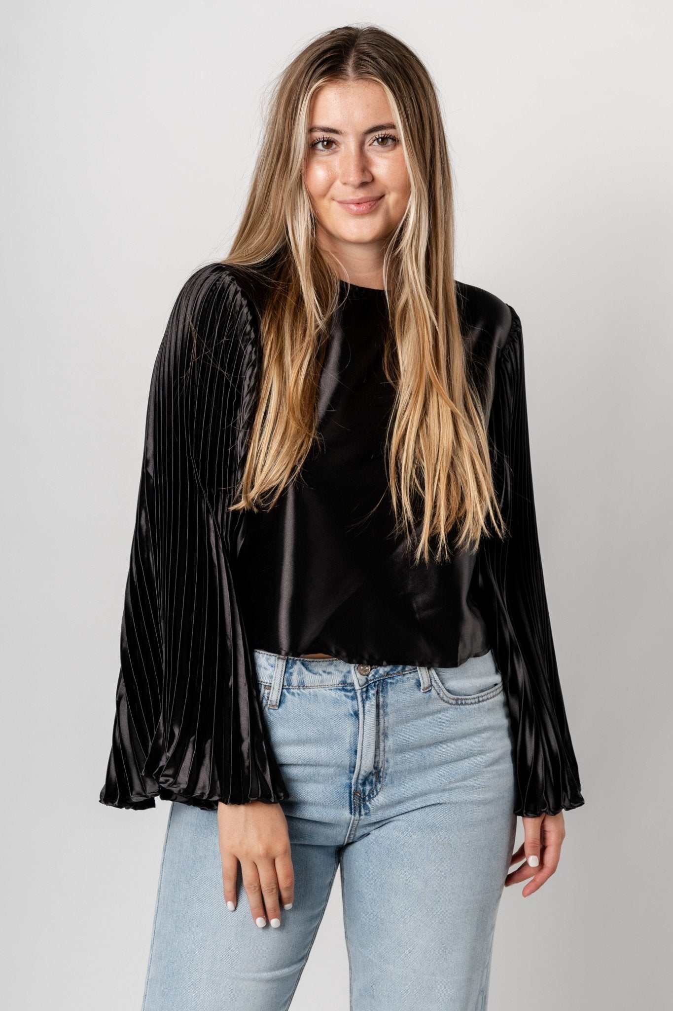 Pleated satin long sleeve top black