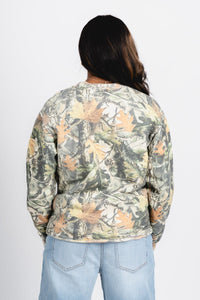 OKC bolt camo sweatshirt green - Vintage OKC Basketball T-Shirts at Lush Fashion Lounge Boutique in Oklahoma City