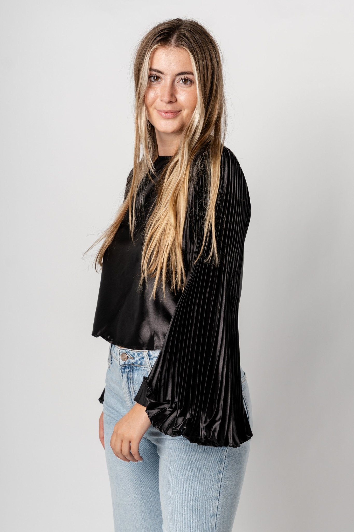 Pleated satin long sleeve top black