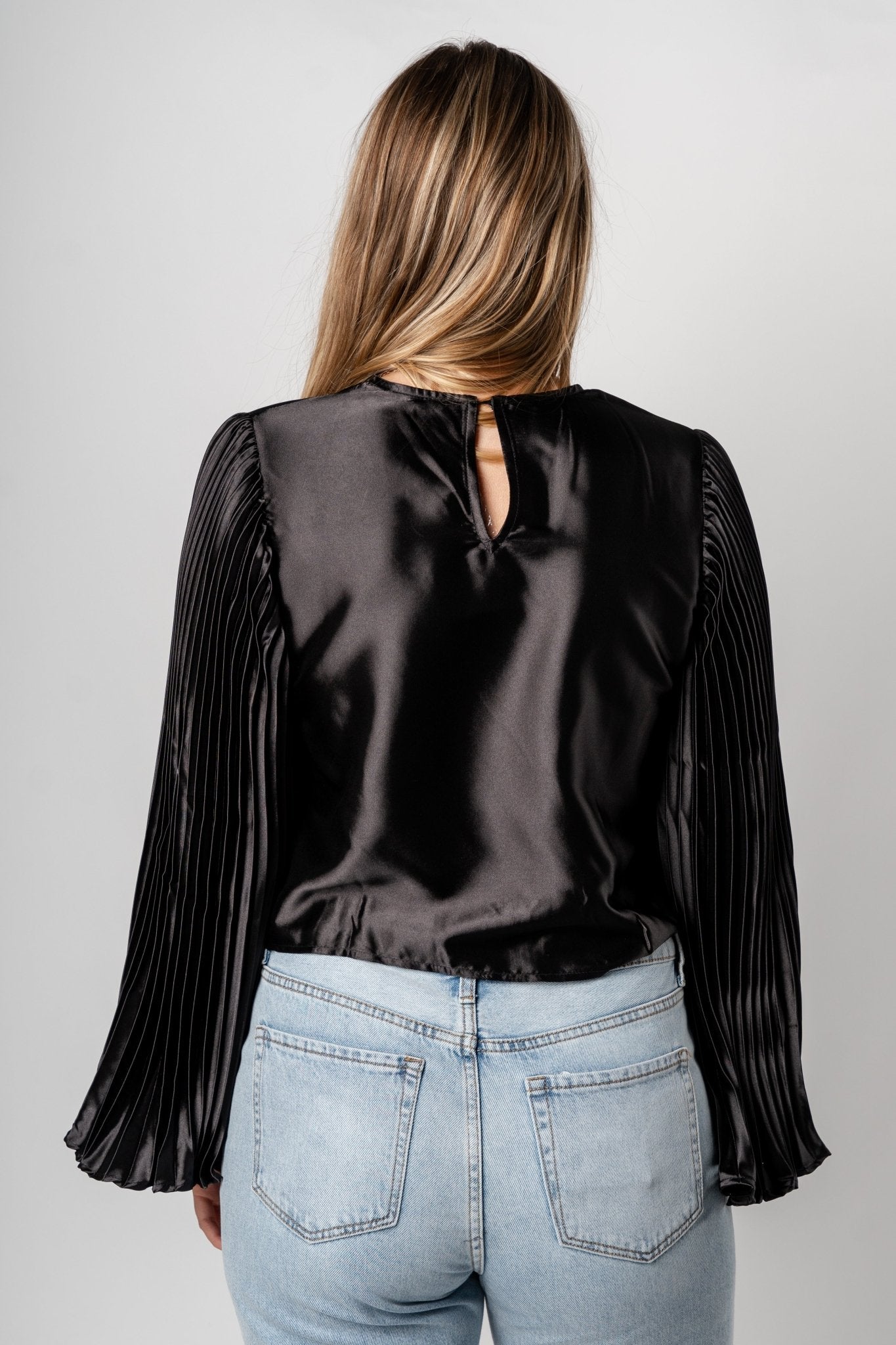 Pleated satin long sleeve top black