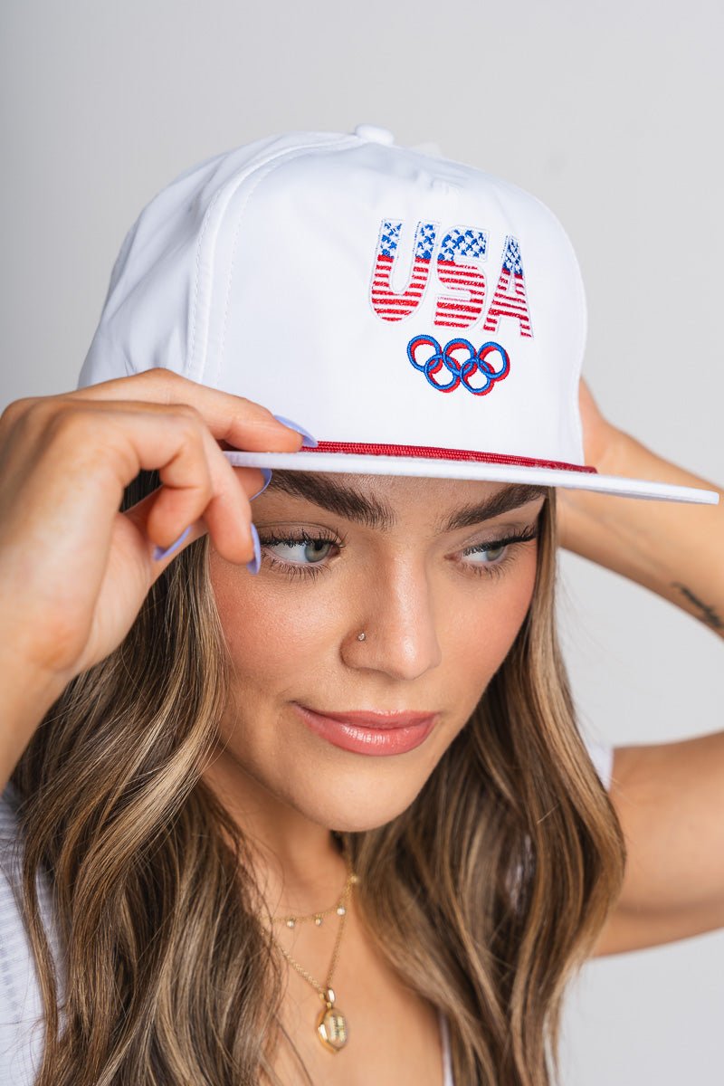 USA rings rope hat white/red - Trendy Hat - Cute American Summer Collection at Lush Fashion Lounge Boutique in Oklahoma City